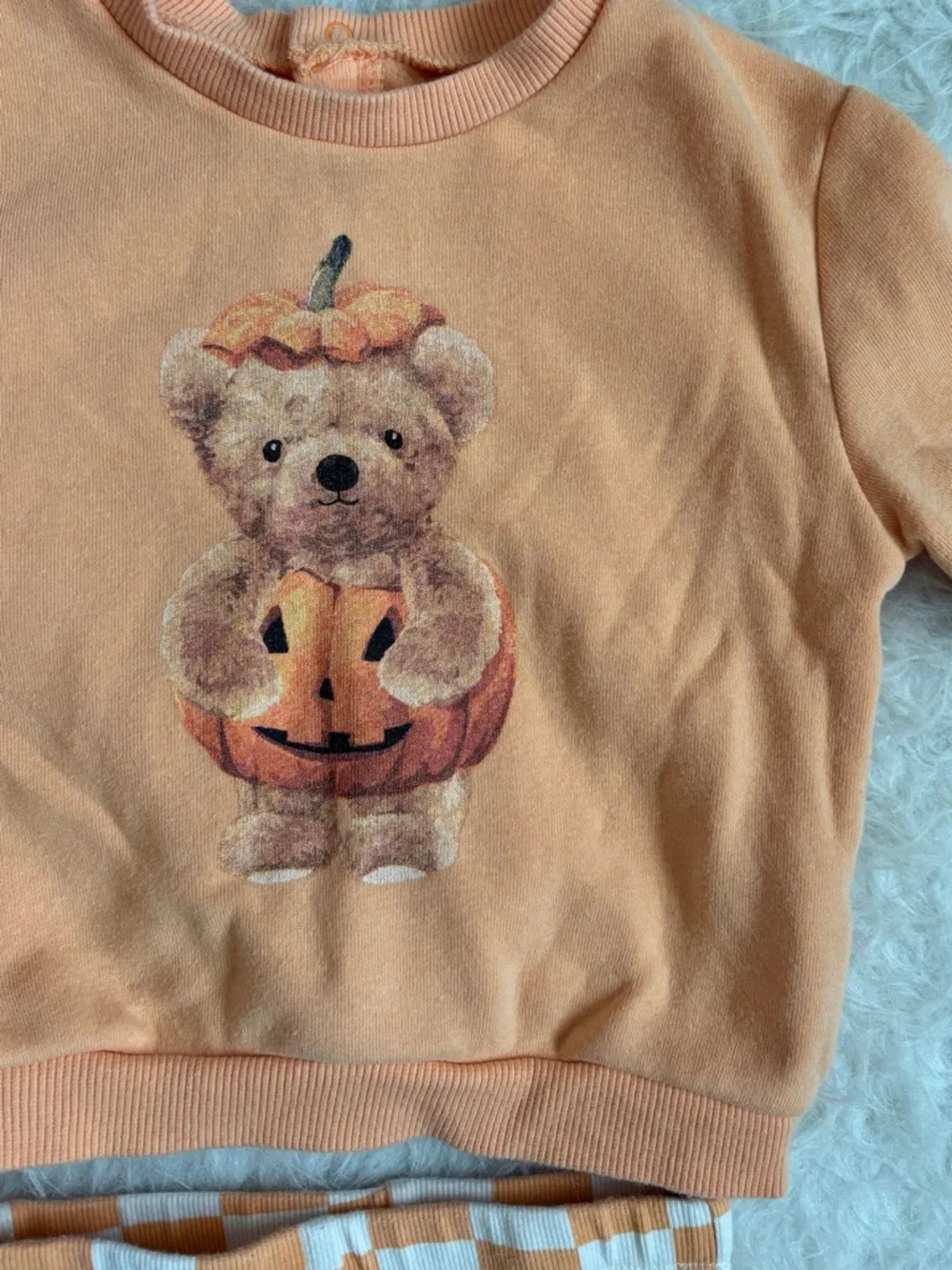 Gender Neutral Festive Orange Teddy Pumpkin Sweatshirt & Checkered Leggings Set